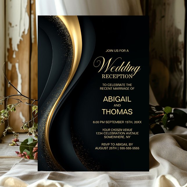 Convites Elegant Black and Gold Wedding Reception (Criador carregado)