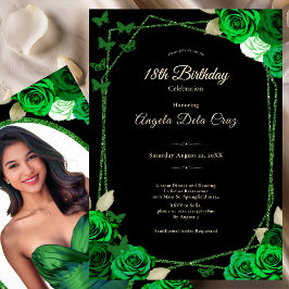 Convites Elegant Black and Green Rose 18th Birthday Debut 