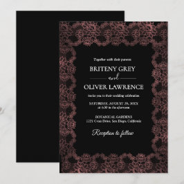 Convites Elegant Black and Rose Gold Floral Lace Wedding 
