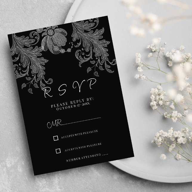 Convites  Elegant black and white floral lace RSVP (Elegant black and white floral lace RSVP )