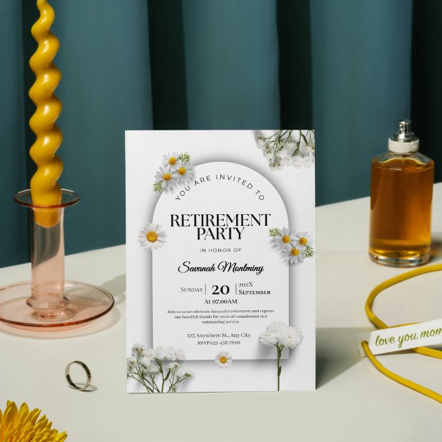 Convites Elegant Black and White Floral Retirement Party  (Elegant Black and White Calligraphy Retirement Par Invitation)