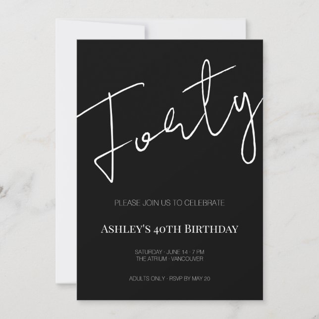 Convites Elegant Black and White Forty 40th Birthday (Frente)