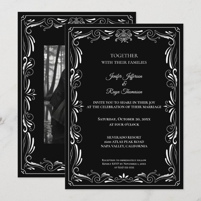 Convites Elegant black and white Gothic wedding Invitation (Frente/Verso)