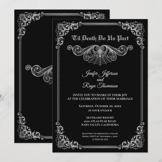 Convites Elegant black and white Gothic wedding Invitation (Frente/Verso)