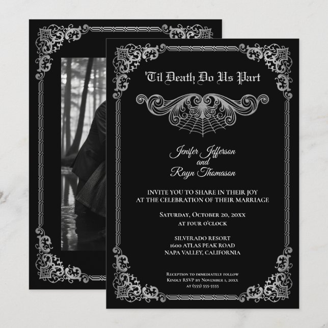 Convites Elegant black and white Gothic wedding Invitation (Frente/Verso)