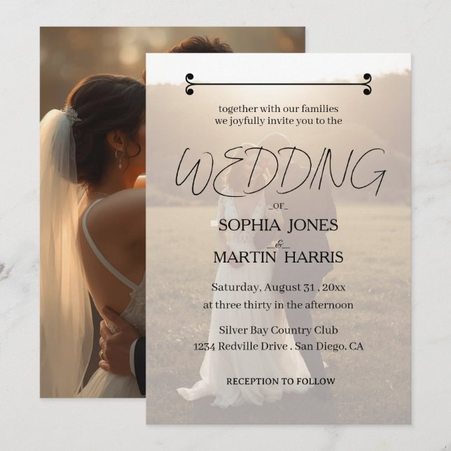 Convites Elegant Black and White Photo Overlay Wedding  (Frente/Verso)