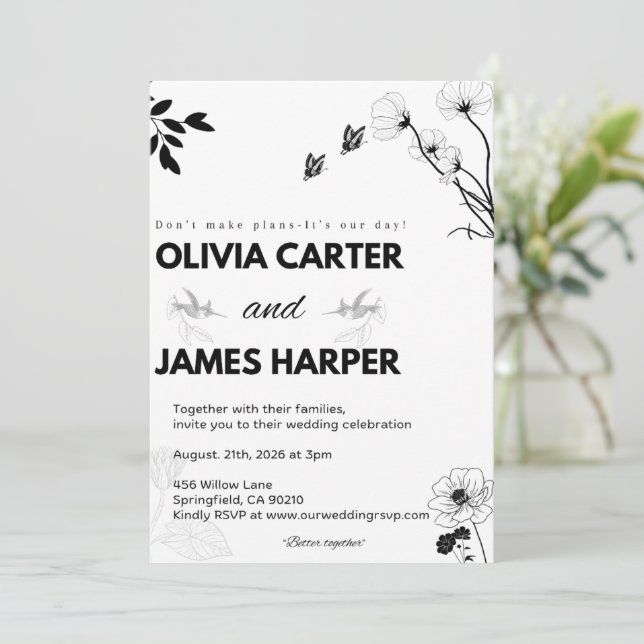 Convites Elegant Black and White Wedding Invitation (Em pé/Frente)