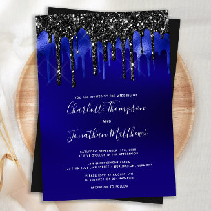 Convites Elegant Black Blue Glitter Drips Police Wedding