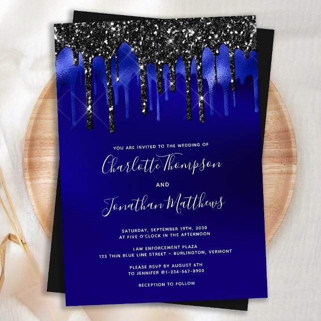 Convites Elegant Black Blue Glitter Drips Police Wedding (Criador carregado)