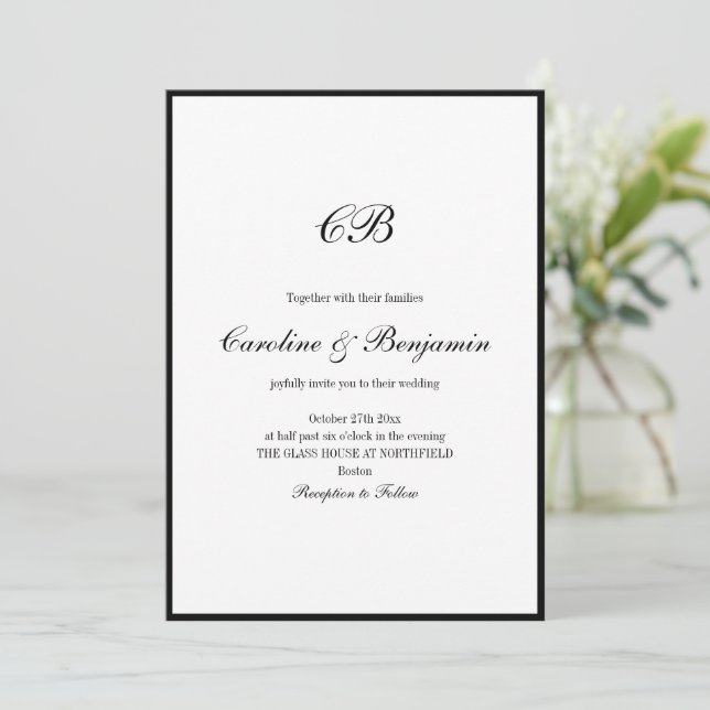 Convites Elegant Black Border White Script Monogram Wedding (Em pé/Frente)