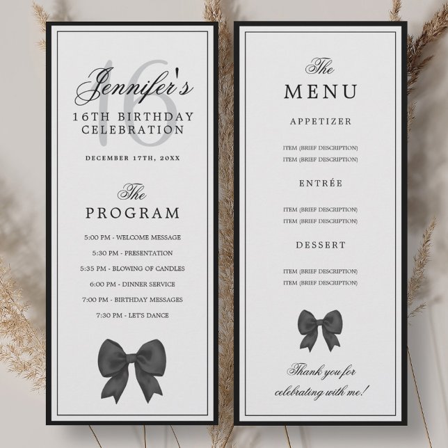 Convites Elegant Black Bow 16th Birthday Program Menu  (Elegant Black Bow 16th Birthday Program Menu )