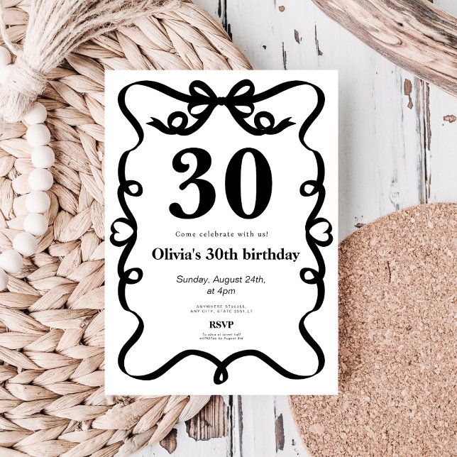 Convites Elegant black bow 30th birthday invitation (Criador carregado)