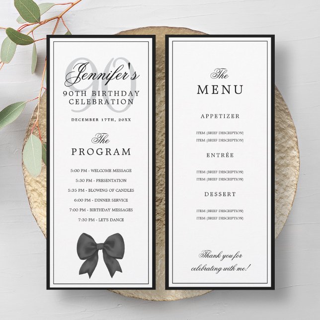 Convites Elegant Black Bow 90th Birthday Program + Menu  (Elegant Black Bow 90th Birthday Program + Menu )