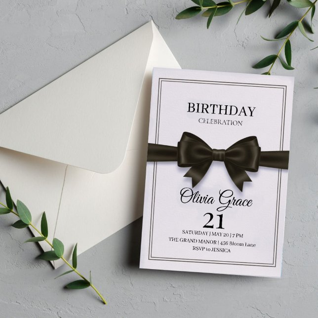 Convites Elegant Black Bow Birthday Invitation (Criador carregado)