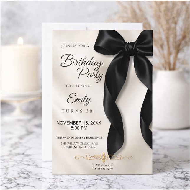 Convites Elegant Black Bow Birthday Invitation (Criador carregado)