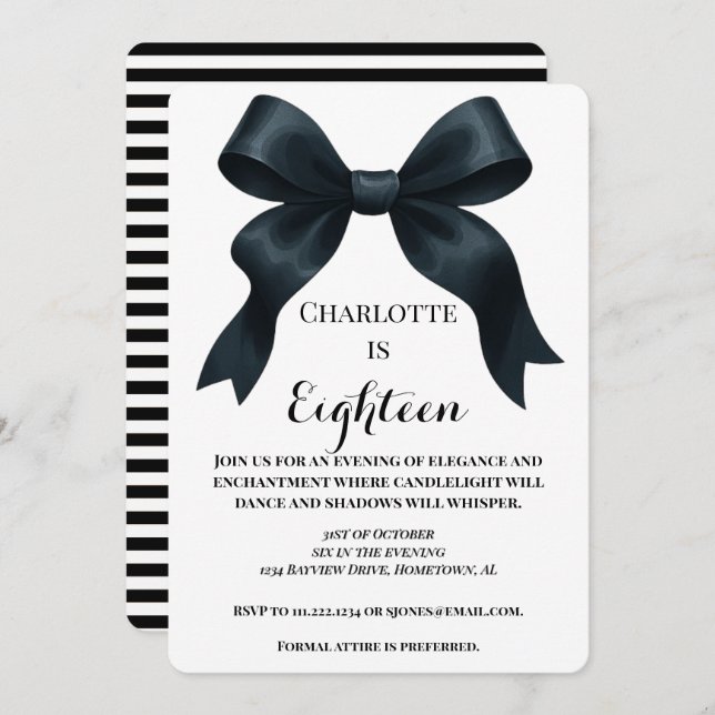 Convites Elegant Black Bow Birthday Invite - Black Stripe (Frente/Verso)