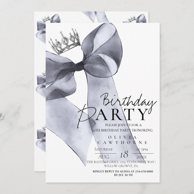 Convites Elegant Black Bow Birthday Party  (Frente/Verso)