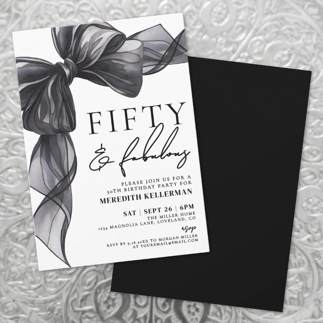 Convites Elegant Black Bow Fifty & Fabulous 50th Birthday (Elegant Black Bow Fifty & Fabulous 50th Birthday Invitation)