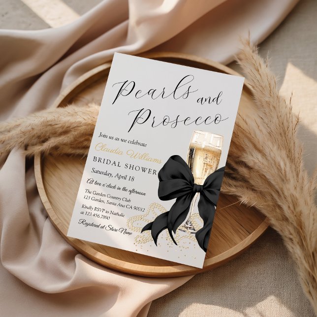 Convites Elegant Black Bow Pearls Bridal Shower Invitation (Black bow and pearls bridal shower Invitation)