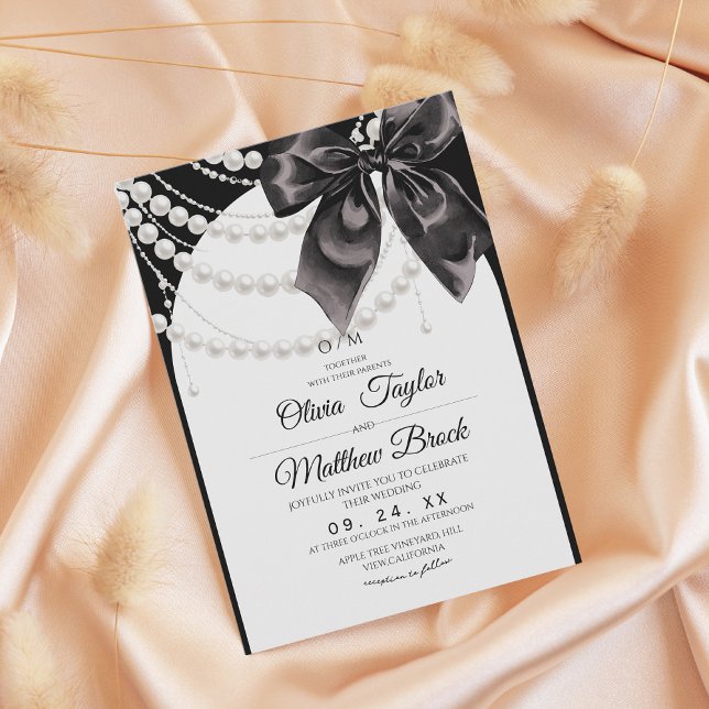Convites Elegant Black Bow Pearls Wedding (Criador carregado)