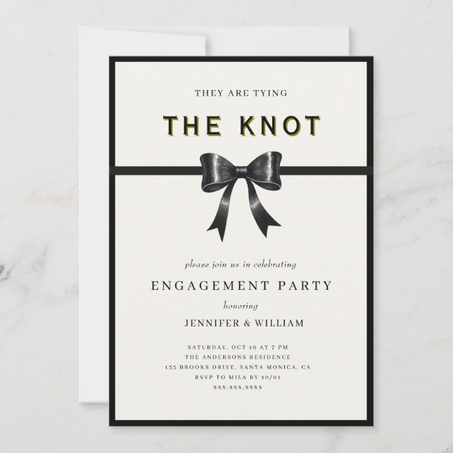 Convites Elegant Black Bow Tying the knot Engagement Party (Frente)