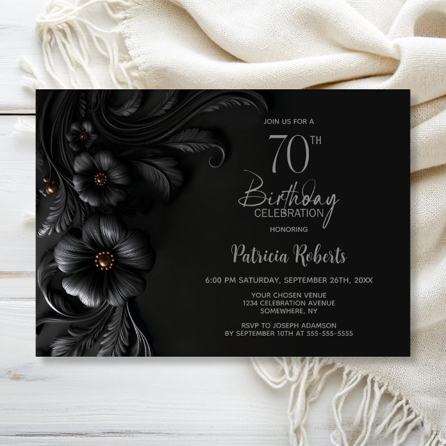 Convites Elegant Black Floral 70th Birthday Party (Criador carregado)