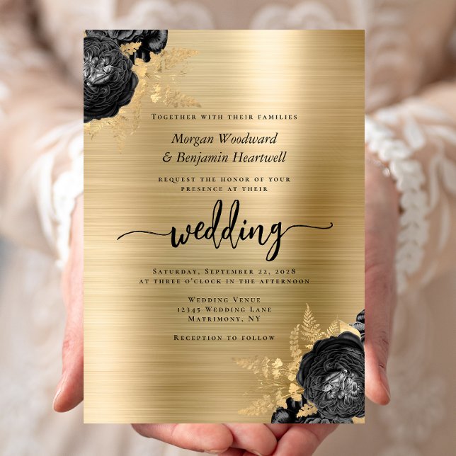 Convites Elegant Black Floral Gold Brushed Metal Wedding (Criador carregado)