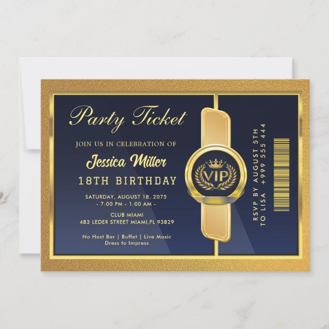 Convites Elegant Black & Gold 18th Birthday Ticket Invite (Frente)