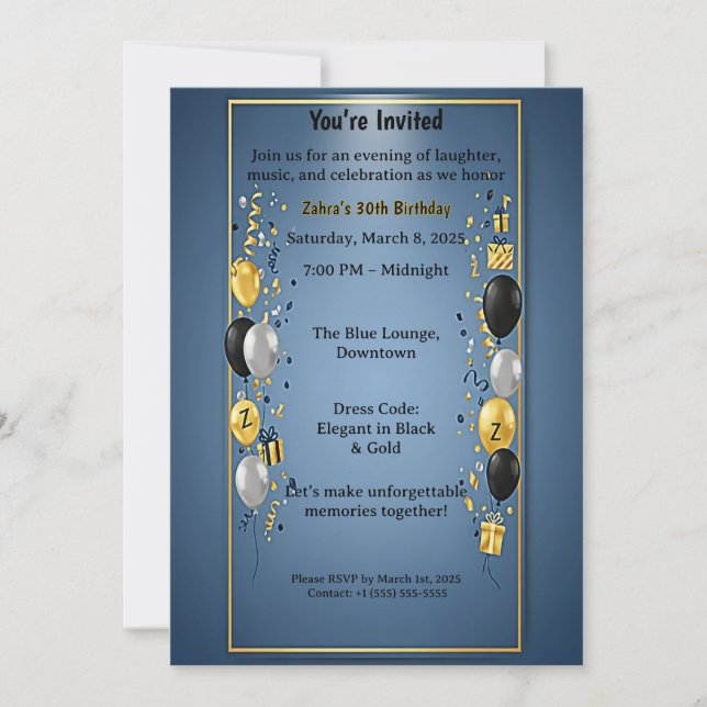 Convites Elegant Black Gold 30th Birthday Party Invitation  (Frente)