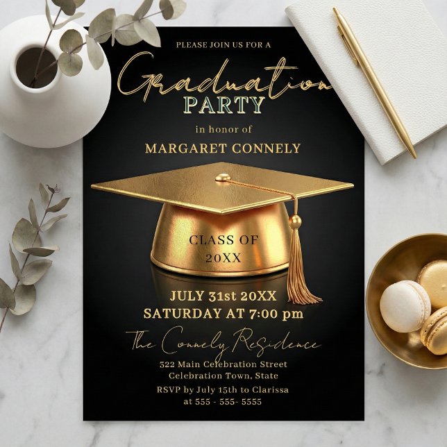 Convites Elegant Black & Gold 3D Cap Graduation Party (Criador carregado)