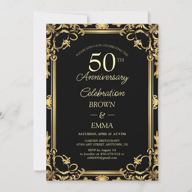 Convites Elegant Black Gold 50th Anniversary Celebration In (Frente)