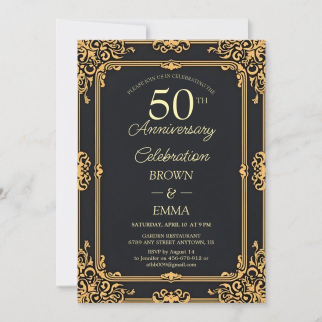 Convites Elegant Black Gold 50th Anniversary Celebration In (Frente)