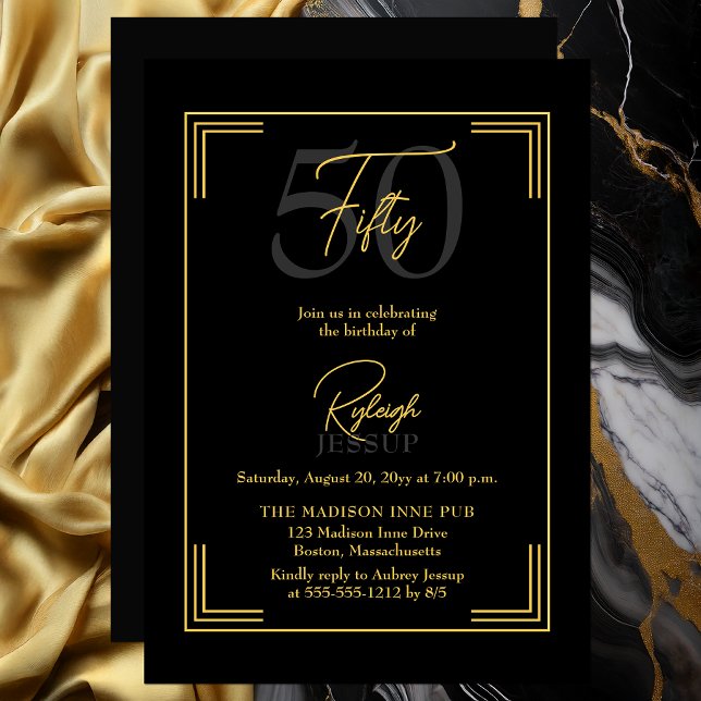 Convites Elegant Black Gold 50th Birthday Art Deco Party (Elegant black and gold 50th birthday invitation with refined Art Deco frame)