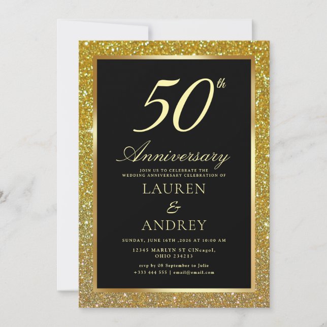Convites Elegant Black Gold 50th Wedding Anniversary (Frente)