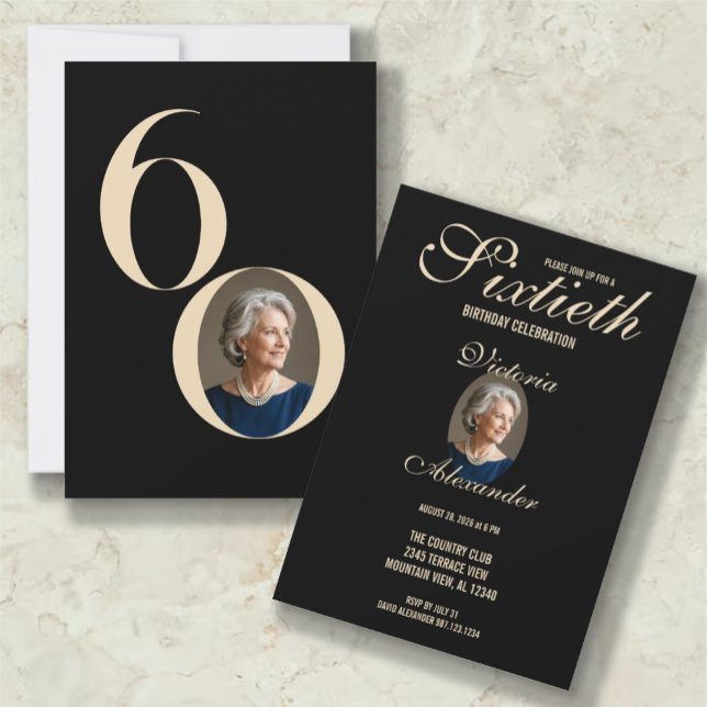 Convites Elegant Black Gold 60th Birthday Photo  (Elegant Black Gold 60th Birthday Photo Invitation)