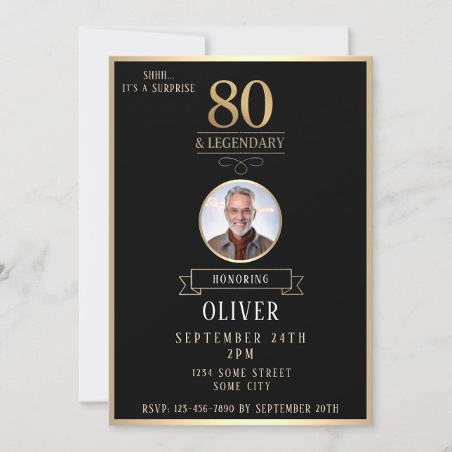Convites Elegant Black & Gold 80th & Legendary Birthday (Frente)