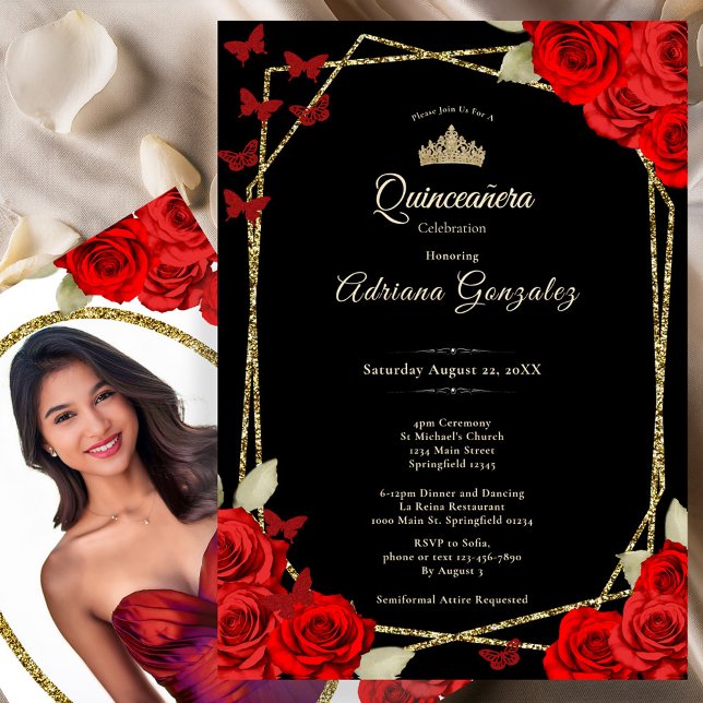 Convites Elegant Black Gold and Red Roses Quinceanera  (Criador carregado)