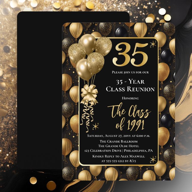 Convites Elegant Black Gold Balloons 35 Year Class Reunion (Elegant 35 Year Black and Gold Tone Faux Glitter Balloons Class Reunion Invitations -Print | Digital)