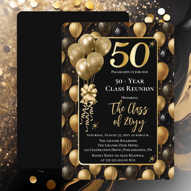 Convites Elegant Black Gold Balloons 50 Year Class Reunion (Elegant 50 Year Black and Gold Tone Faux Glitter Balloons Class Reunion Invitations)