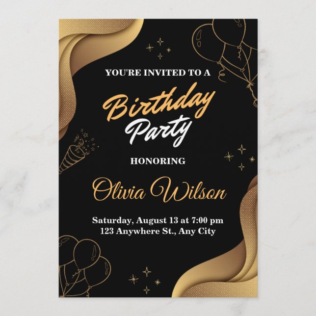Convites Elegant Black & Gold Birthday Party Invitation (Frente)