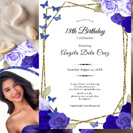 Convites Elegant Black Gold Blue Roses 18th Birthday Debut 