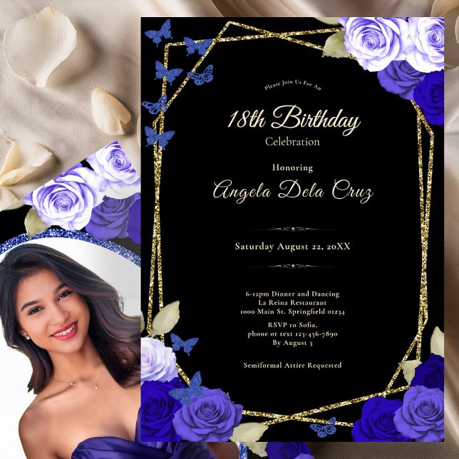 Convites Elegant Black Gold Blue Roses 18th Birthday Debut  (Criador carregado)
