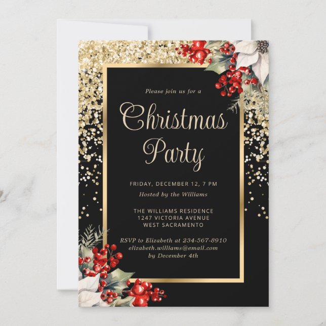 Convites Elegant Black Gold Botanical Christmas Party (Frente)