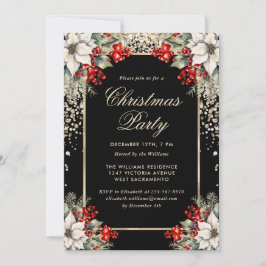 Convites Elegant Black Gold Botanical Christmas Party