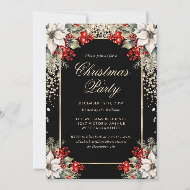 Convites Elegant Black Gold Botanical Christmas Party (Frente)
