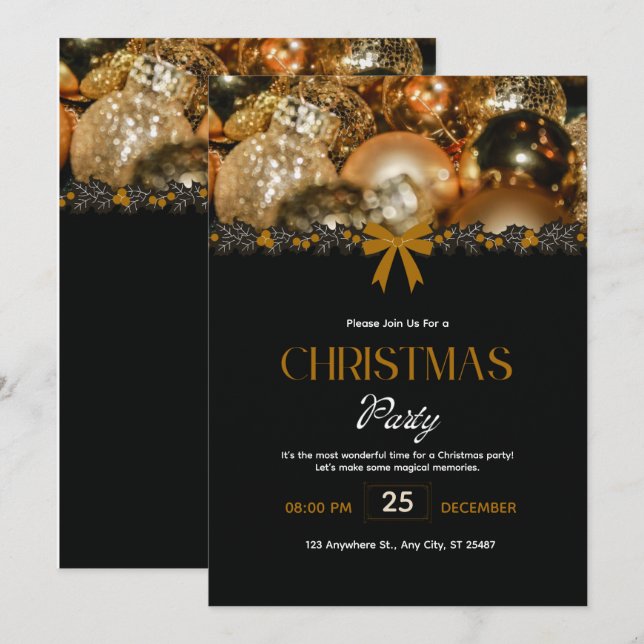 Convites Elegant Black Gold Christmas Invitation (Frente/Verso)