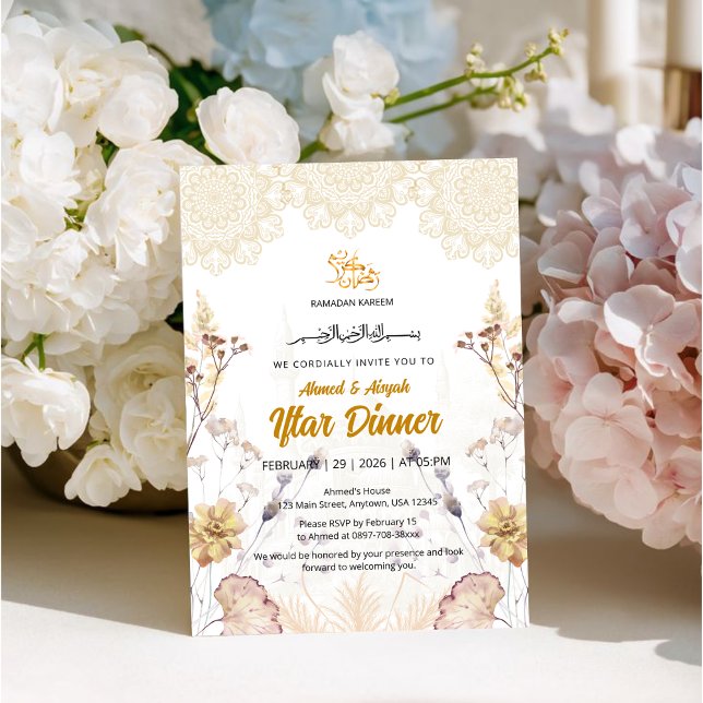 Convites Elegant Black & Gold | Floral Mosque Iftar (Criador carregado)