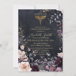 Convites Elegant Black & Gold Floral Nursing Graduation Inv