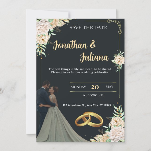 Convites Elegant Black & Gold Floral Save the Date Wedding  (Frente)