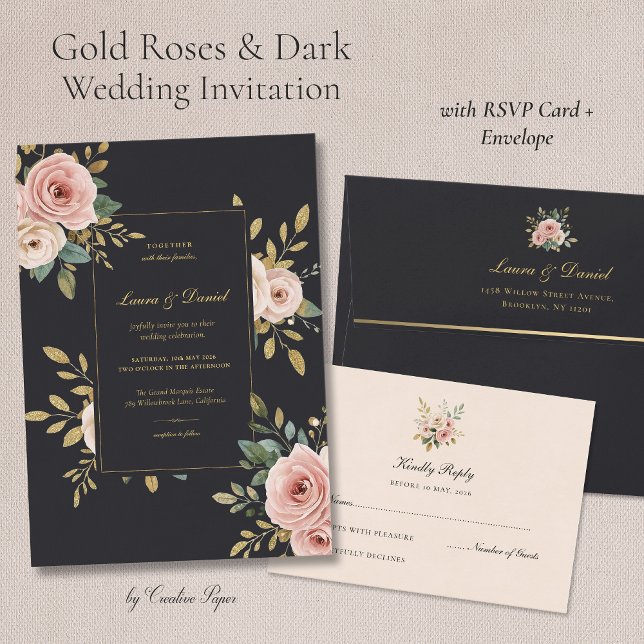 Convites Elegant Black & Gold Floral Wedding Invitation (Criador carregado)